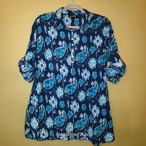 Lucky Brand Blue White Print 3/4 Sleeve Blouse Shirt Top Size XL
